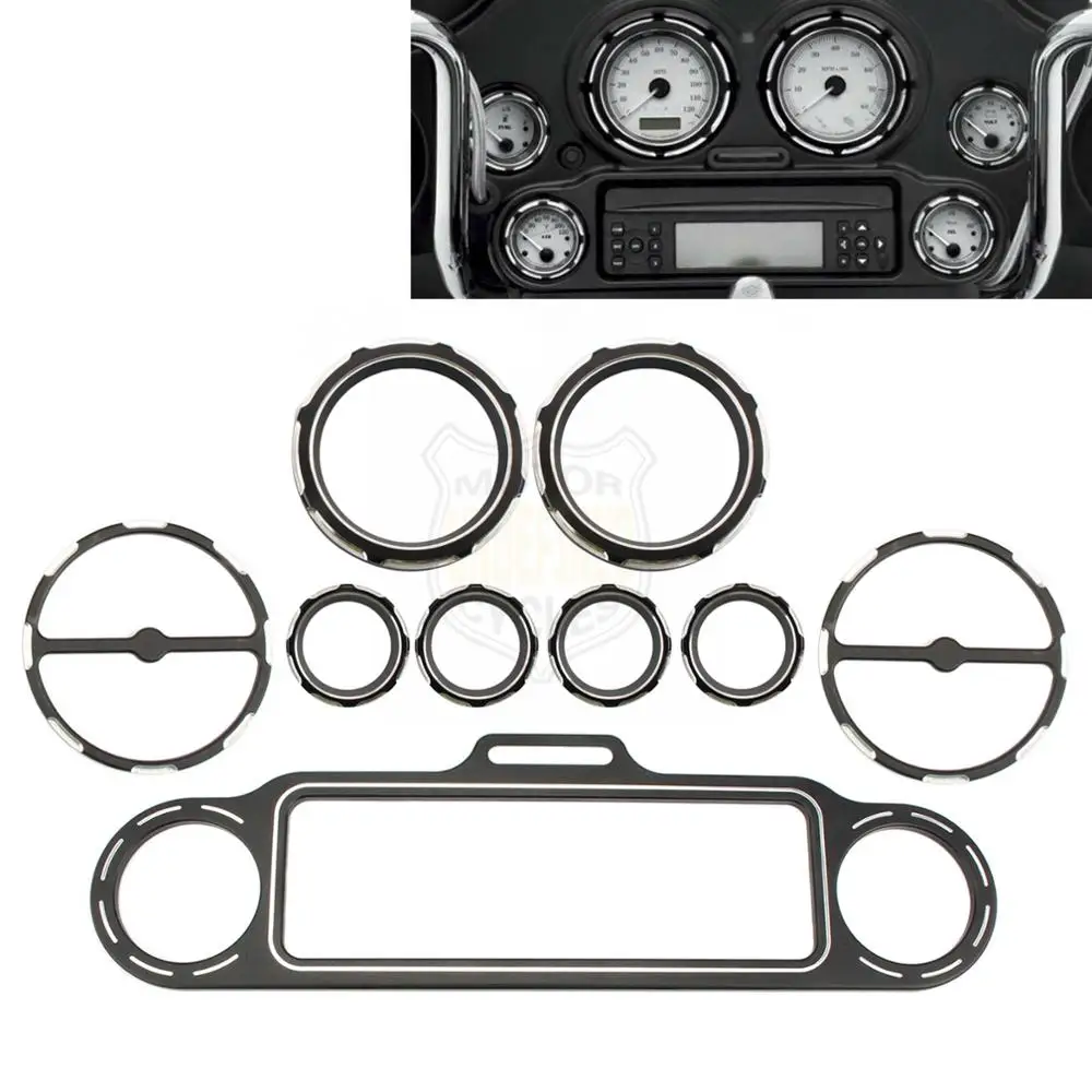 

Motorcycle Black Stereo Accent Speedometer Speaker Trim Ring 9pcs Kits For Harley Touring Electra Glide Street Glide Trike 96-13