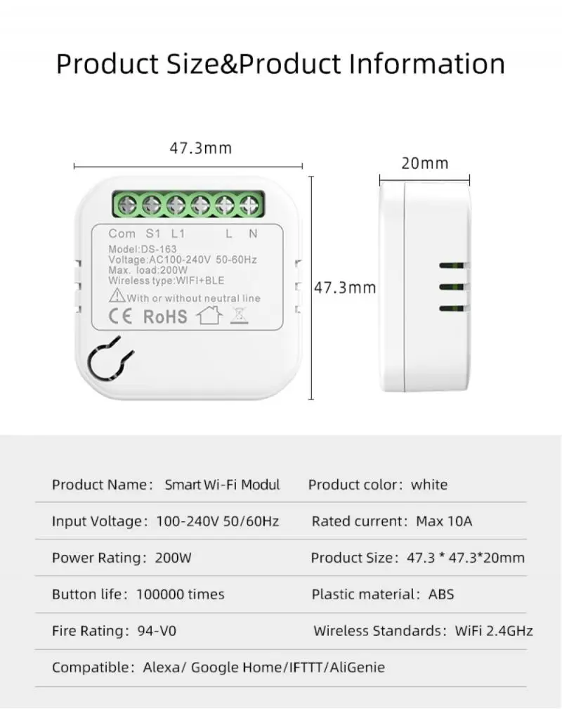 

Tuya Mini Smart Switch Module WiFi+Bluetooth Wireless Breaker Light Switch Breaker LED Light Controller 2 Way Module DIY On Off