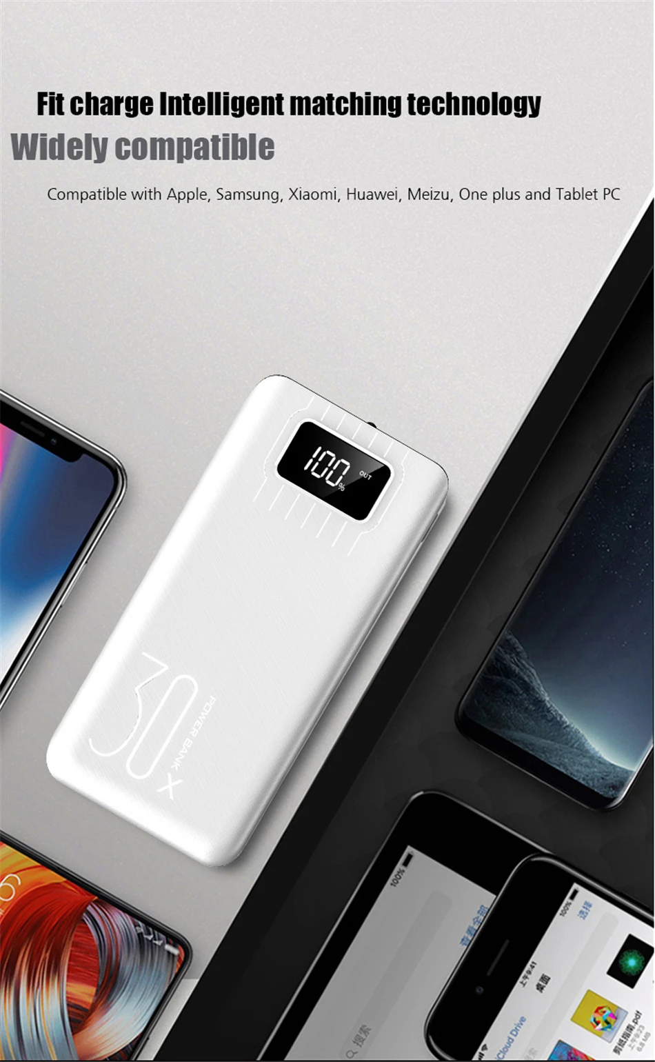 50000 мАч Внешний аккумулятор для iPhone X XS MAX 11 pro Xiaomi Mi 9 8 Pover Bank 2 USB светодиодный внешний аккумулятор для зарядки
