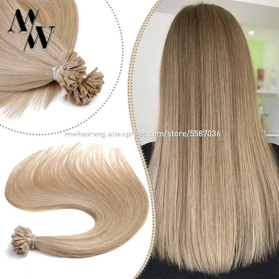 

MW U Nail Tip Machine Remy Keratin Human Hair Extensions Straight Pre Bonded Fusion Hair Capsules 12"/16"/20"/24"/28" 50/100pcs