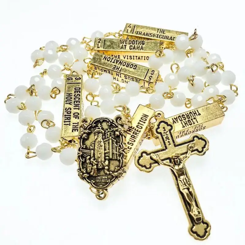 6mm white facet glass rosary, religious rosary with FATIMA centor, singapore catholic necklace with antque gold metal parts