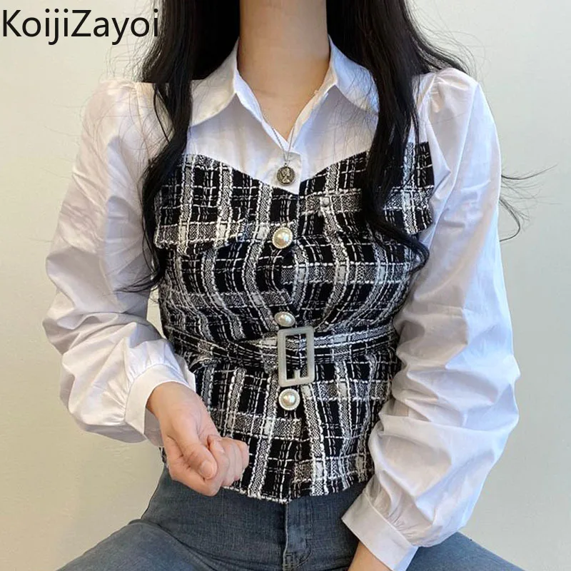 

Koijizayoi Women Blouse 2022 Long Sleeve Patchwork Tweed Office Shirt Casual Belted Single Breasted Slim Waist Blusas Tops Femme