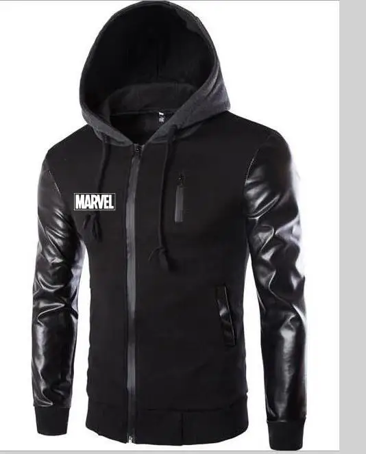 Мужская куртка с капюшоном MARVEL рукавами кожаный дизайн модная мотоциклетная