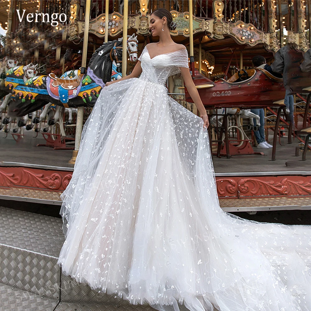 

Verngo Elegant A Line Off the Shoulder Wedding Dress With Detachable Train Lace Pearls Short Sleeves 2021 Pricess Bridal Gowns