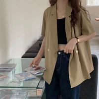 summer british style women loose blazers and jackets short sleeve cool double breasted notched oversized blazer clothes