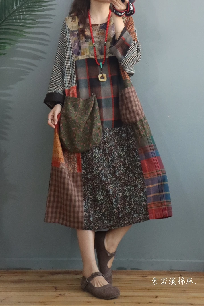 

SuperAen 2021 Spring Retro Plaid Printing Splicing Cotton Linen Big Pocket Loose Mid-Calf Dresses Women