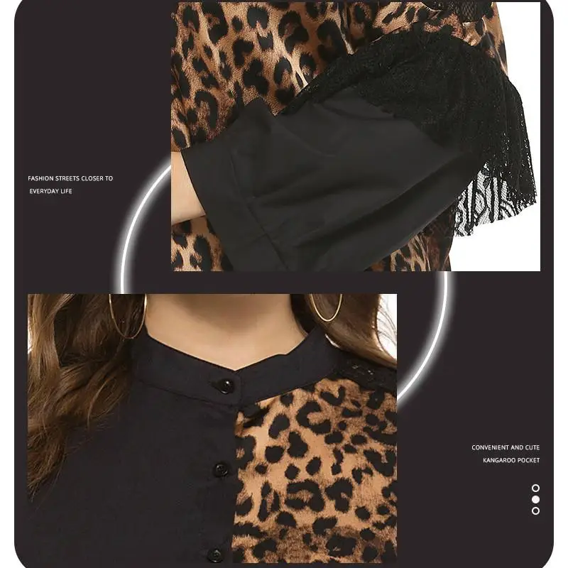 

COCOEPPS Spring Large Size Leopard Long Shirt Women Summer Long Sleeve Lace Stitching Blouse Plus Size Loose Fashion Print Shirt
