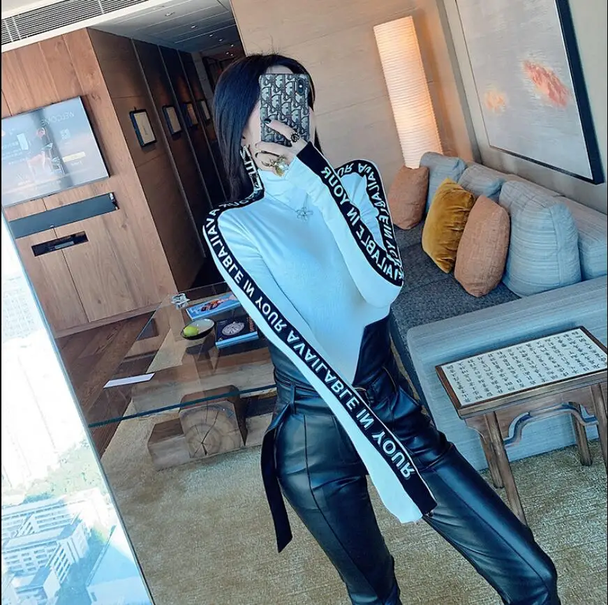 Осенне-зимняя женская Вельветовая эластичная футболка с высоким воротником и