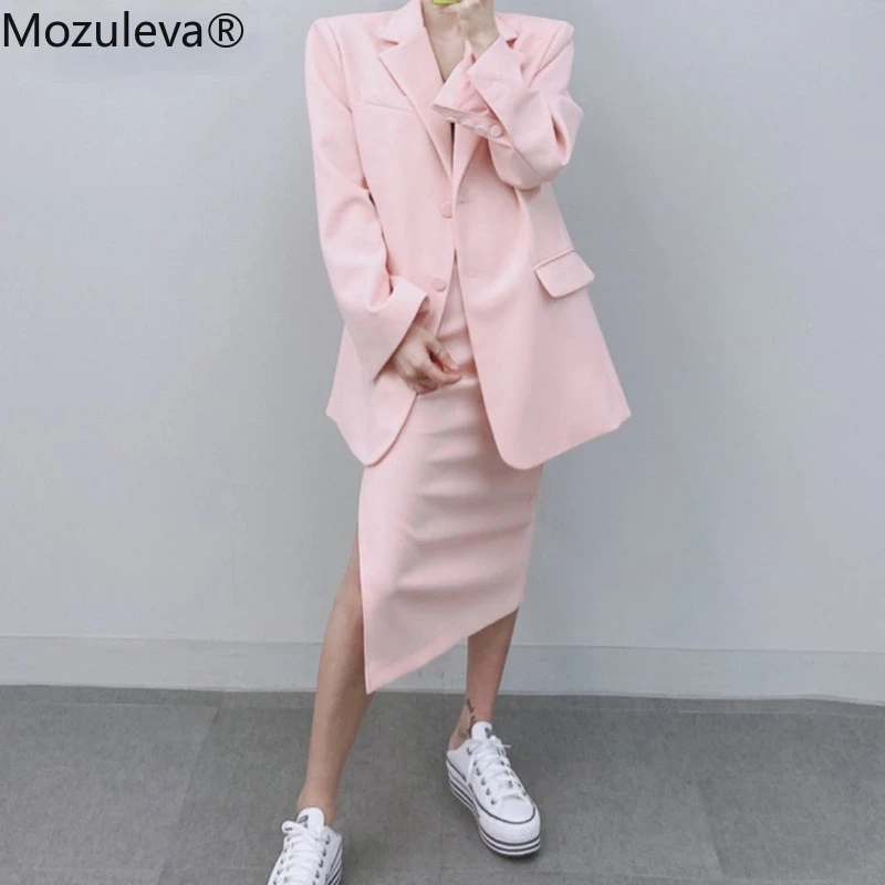 

Mozuleva Elegant Office Ladies Skirt Suits Long Sleeve Blazer & High Waist Split Pencil Midi Skirt Summer Women 2 Pieces Set