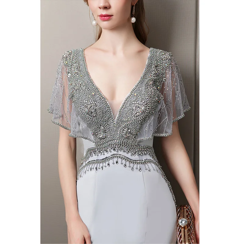 

It's Yiiya Evening Dress 2019 Sexy V-Neck Short Sleeve Women Party Dresses Ruffles Mermaid Backless Robe De Soiree V067