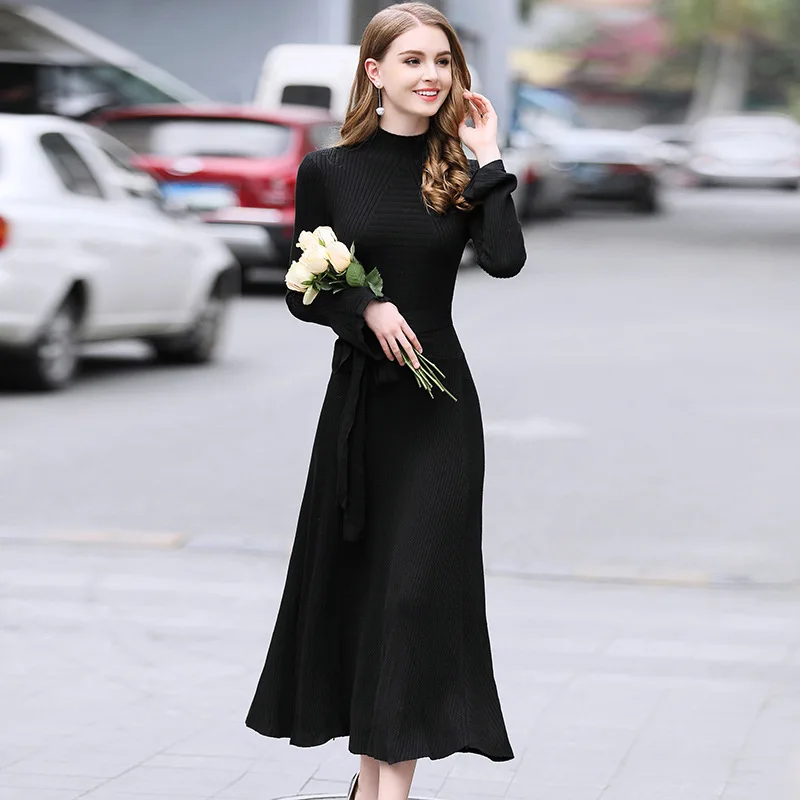 2021 женское плотное платье-свитер осенне-зимнее однотонное средней длины с