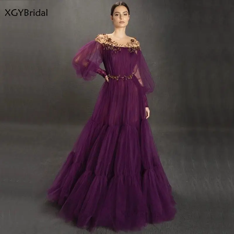 

Новое поступление, фиолетовое сексуальное вечернее платье с длинными рукавами-фонариками, круглым вырезом, бисером, трапециевидной формы