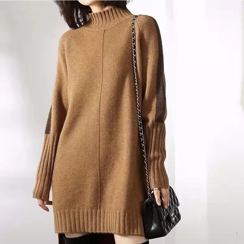

Loose half high neck pullover sweater women autumn and winter new mid-length bag hip dress with split ends