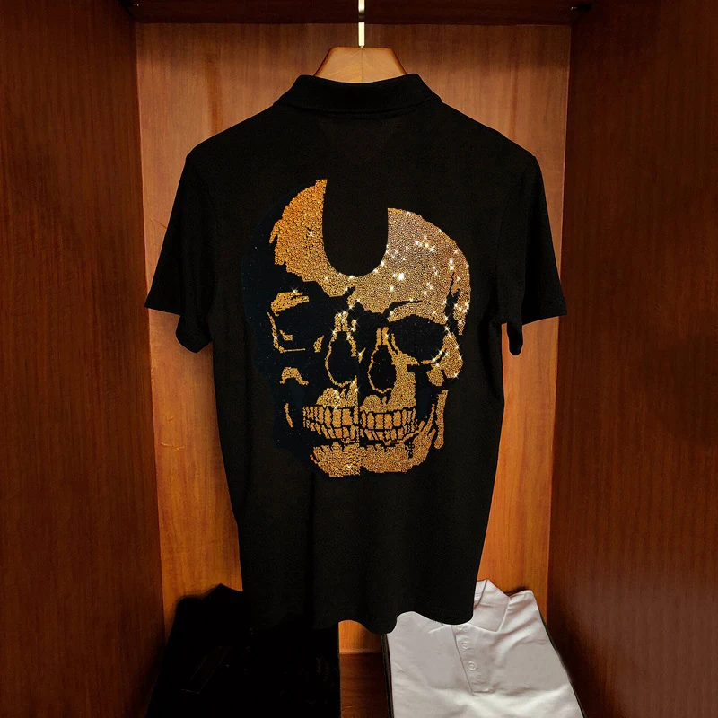 

Summer Men's Polo High-Quality Breathable Youth European Design Hot Diamond T-Shirt Trend Skull Short Sleeve