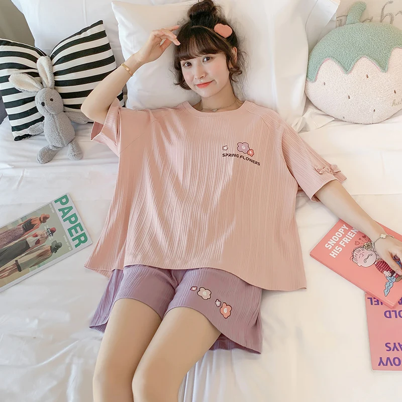 

Пижама женская летняя, тонкий популярный в Интернете фиолетовый домашний костюм из хлопка с коротким рукавом, большие размеры, 2021