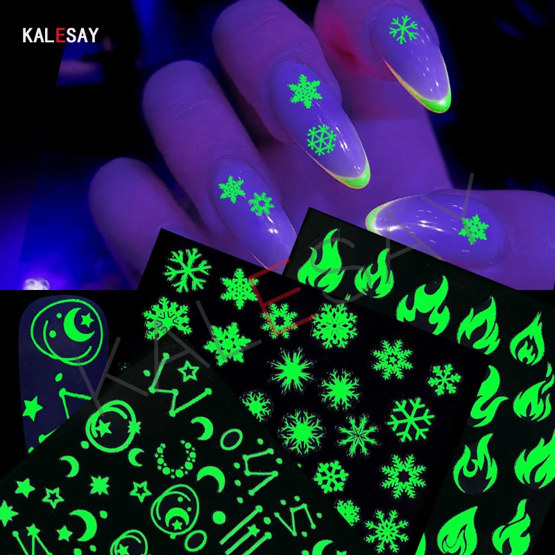 

Luminous Fire Nail Art Stickers Glow In Dark Nail Decals Moon Butterfly Transfer Manicure Design Night Light Stickers