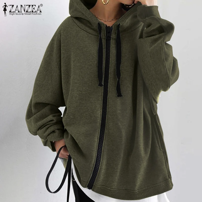 

2021 ZANZEA Women Hoodies Coats Autumn Hooded Sweatshirt Jackets Solid Streetwear Oversized Casual Long Sleeve Zipper Outwear