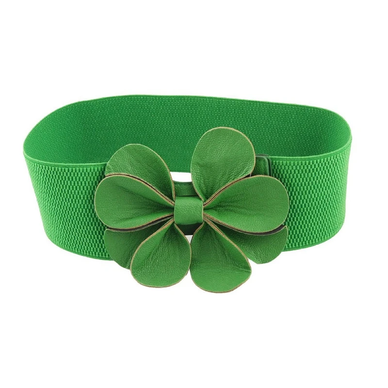 

Green Faux Leather Flower 7.5cm Wide Elastic Cinch Belt for Woman