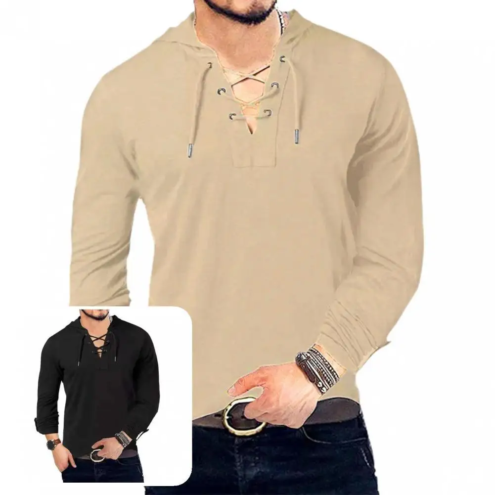 

V Neck Terrific Drawstring Neck Men Autumn Shirt Soft Men Top Solid Color for Daily Wear
