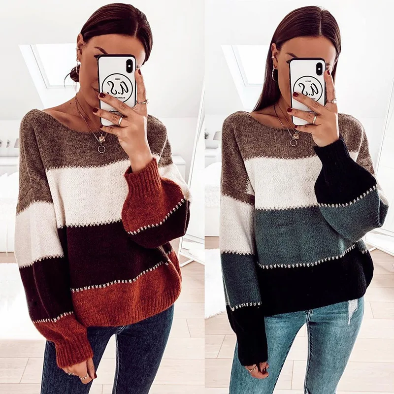 2020 New Autumn Casual Long Sleeve Round Neck Knits Stripe Pullover Sweater