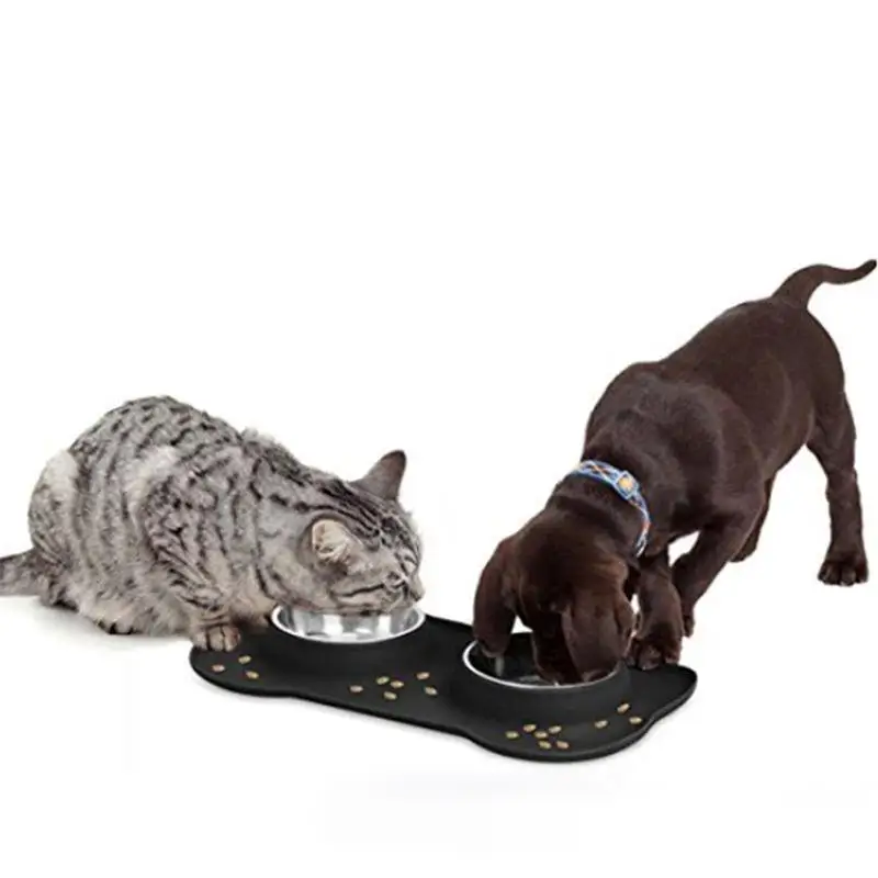 Stainless Steel Double Dog Bowl Travel Feeding Water Non-Skid Silicone Mat For Pet Cat Puppy Food Dish | Дом и сад