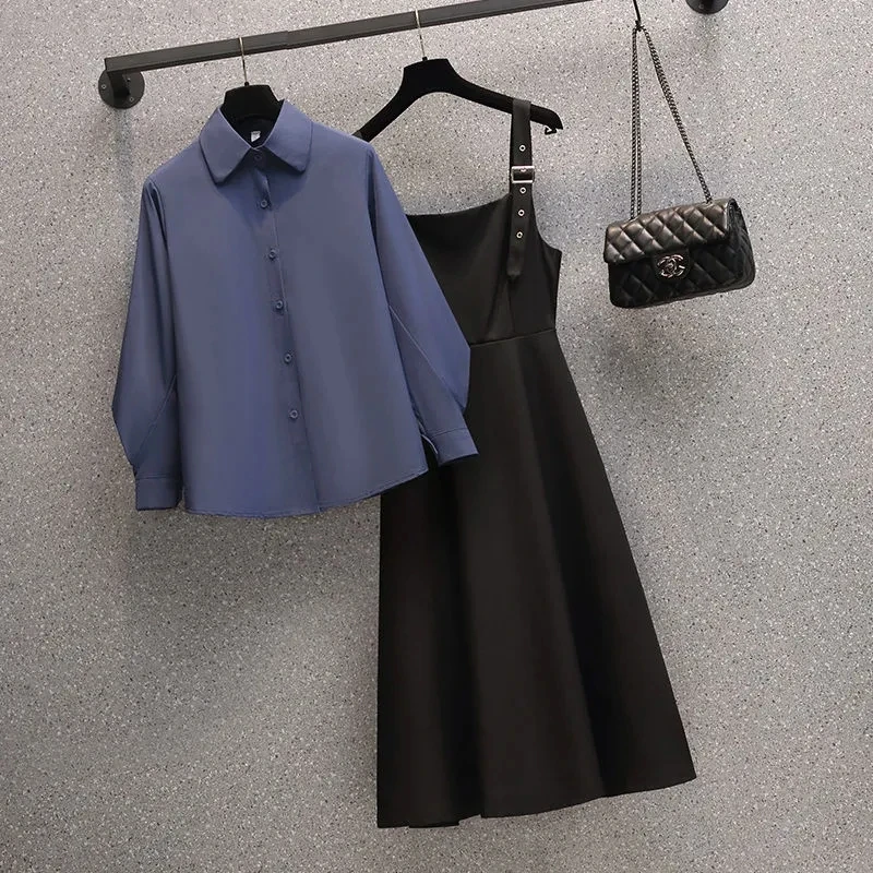 

Sling dress suit female plus size 2021 autumn and winter new fashion casual lantern sleeve shirt black dress two-piece suit