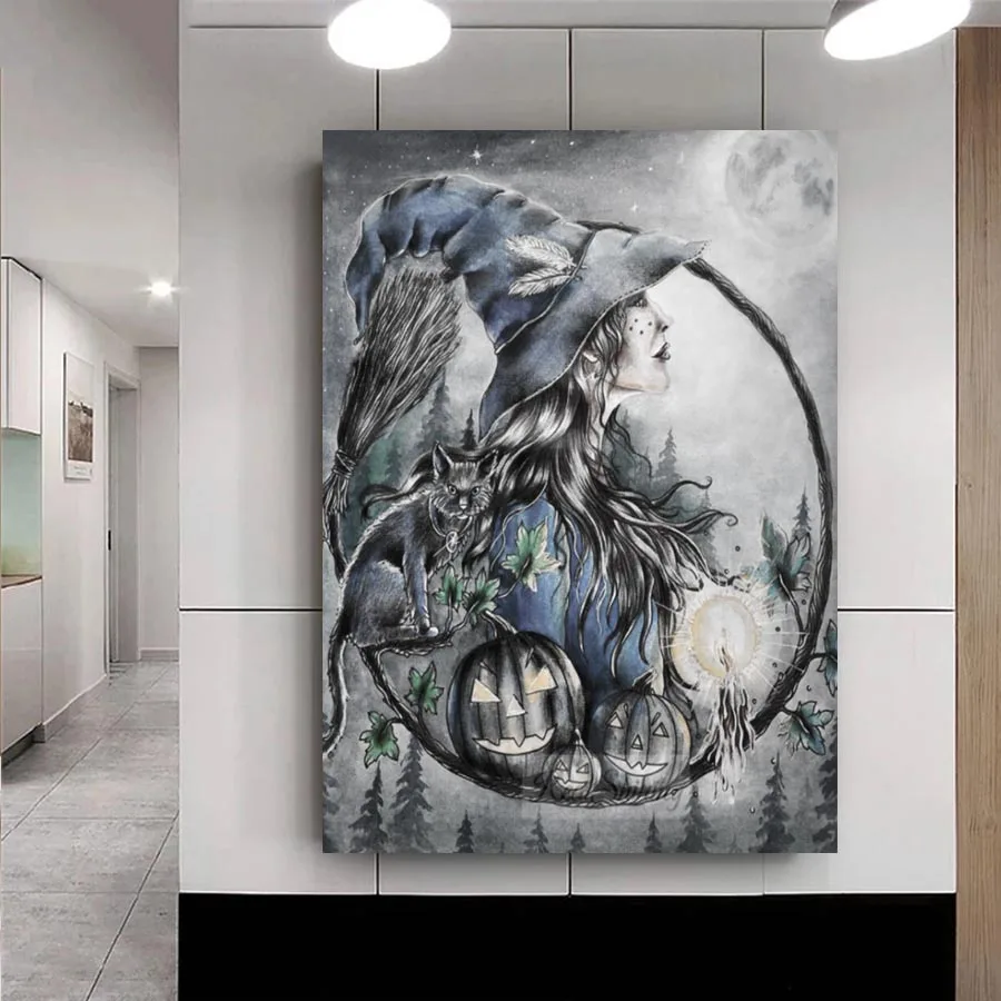 

Full Drill Square Round diy diamond embroidery Witch and black cat 5d diamond painting Modern Wall Art Picture Halloween A1825