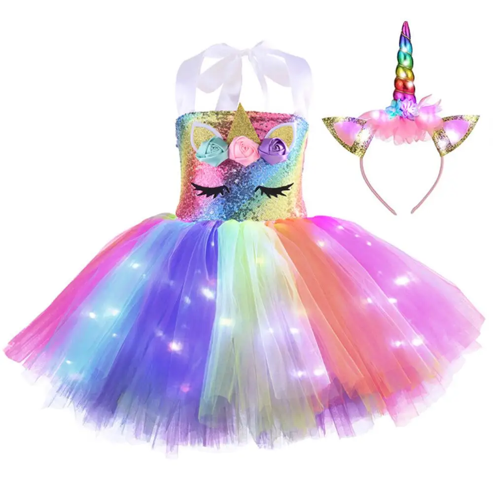Girls Rainbow Unicorn Dresses Flower Wedding Ball Gown Little Christmas Party Costume Children Clothes Baptism Outfits | Детская одежда