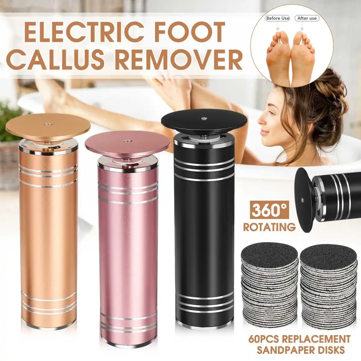 

1000rpm Electric Foot File Callus Remover Foot Care Tool with 60pcs Replacement Sandpaper Disks Remove Heel Dry Dead Skin Tools