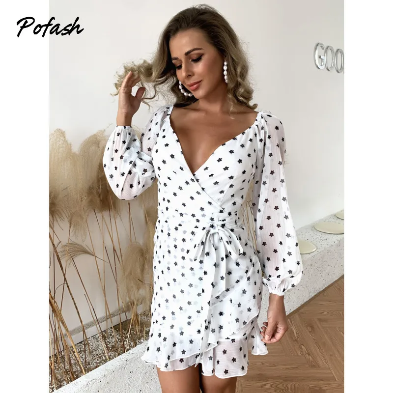 

Pofash Double Layer Mesh Print Mini Dress Women Deep V Neck Sexy Ruffle Summer Dresses Long Sleeves Bodycon Dress 2021 Vestidos