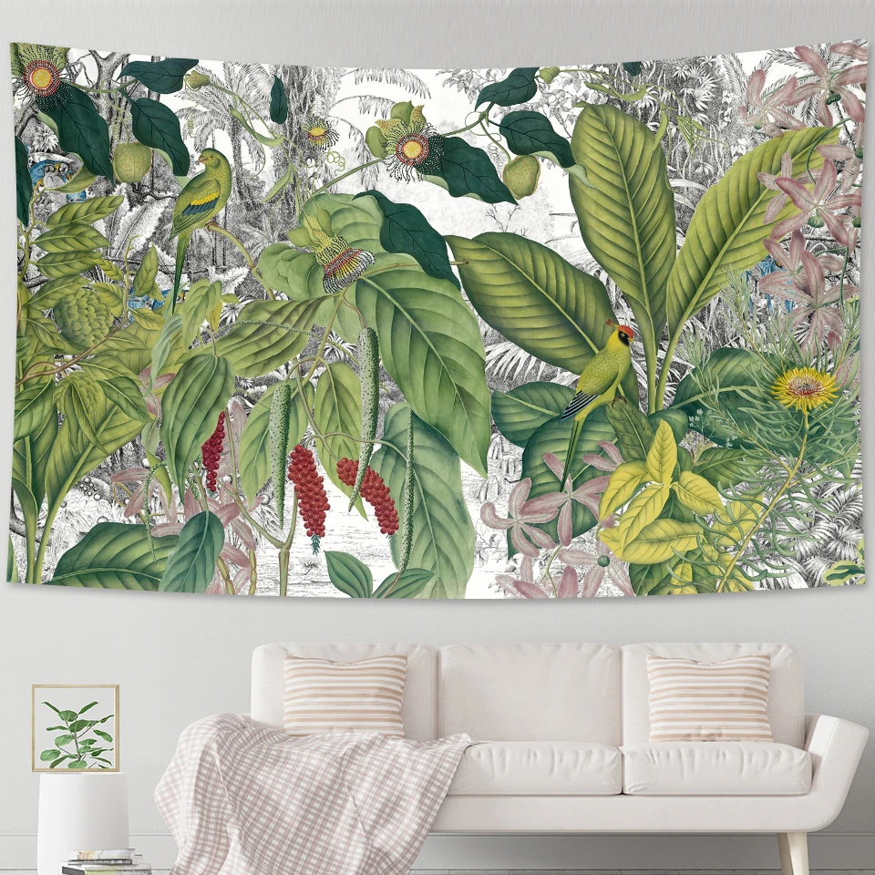 Красивый тропический настенный гобелен с рисунком пальмовых листьев и цветов