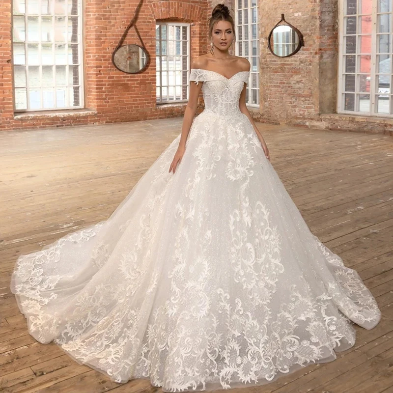 

Luxury Wedding Dresses Sleeveless Tube Top Off the Shoulder Lace Applique Gowns Royal Train vestidos de novia Tailor-Made