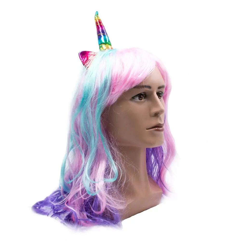 Красочный Единорог длинный кудрявый Custume Косплей искусственные волосы