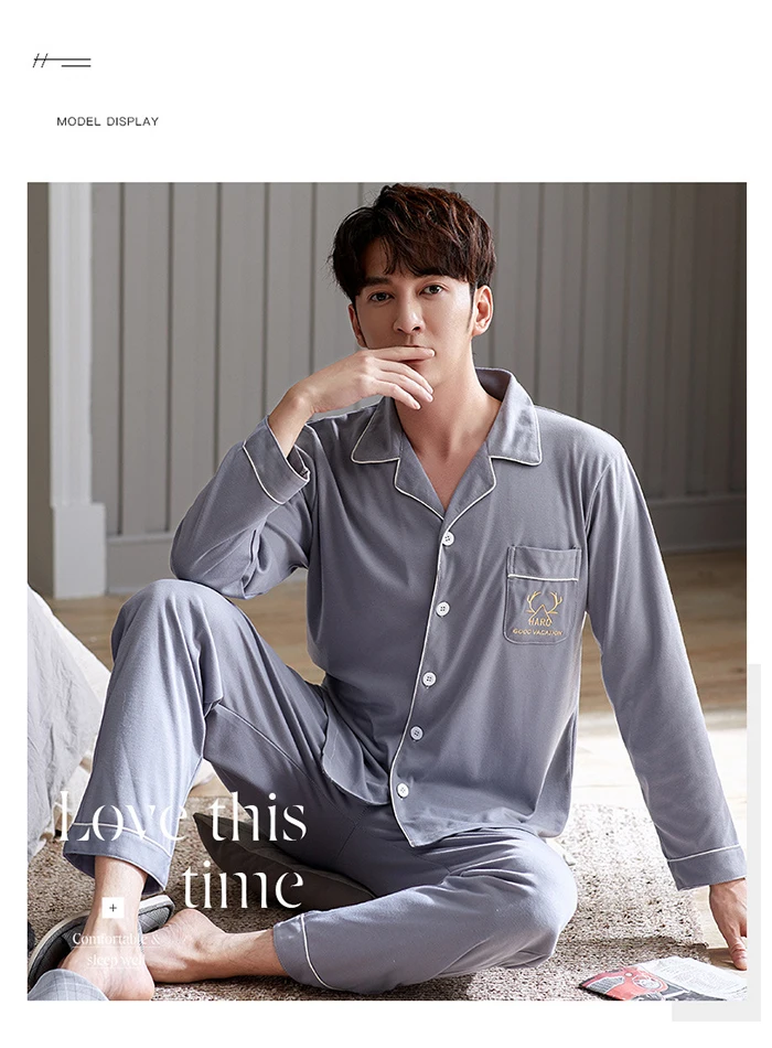 Men Pyjama Set 100% Cotton Spring Long Sleeve Print Men Pajama Suit Autumn Nightwear Collar Pijama Male Sleepwear Two Piece XXXL mens short pjs
