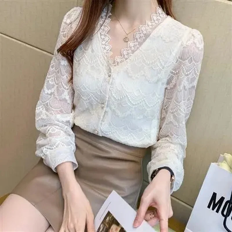 

Lace Shirt Women Long Sleeve Spring Autumn Blouses Korean Lady Button Up V Neck Slim Shirts Office Shirts Blusas Mujer De Moda