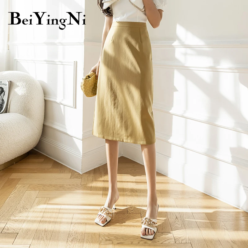 

Beiyingni Skirt Women Stylish Vintage Street Lining Split Office Ladies High Waist A-line Midi Skirts Work Wear OL Faldas Jupe