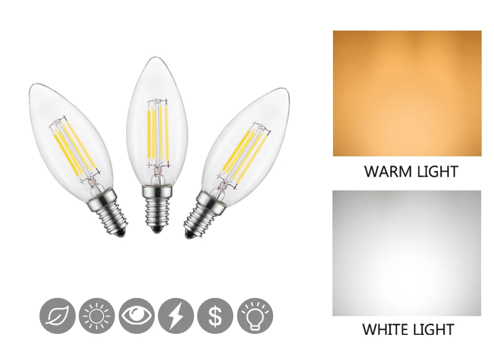 E14 Led Bulb 220v 240v 110v E12 2W 4W 6W C35 Candle Light Bulb Retro Edison Filament Lamp Chandelier Lighting Blub Home Decor