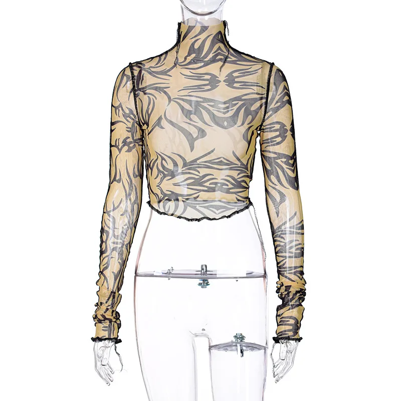 

Fashion Women T-shirt Spring Autumn Popular New Mesh Printing Sexy Perspective Long Sleeve High Collar T-shirt Women Donsignet