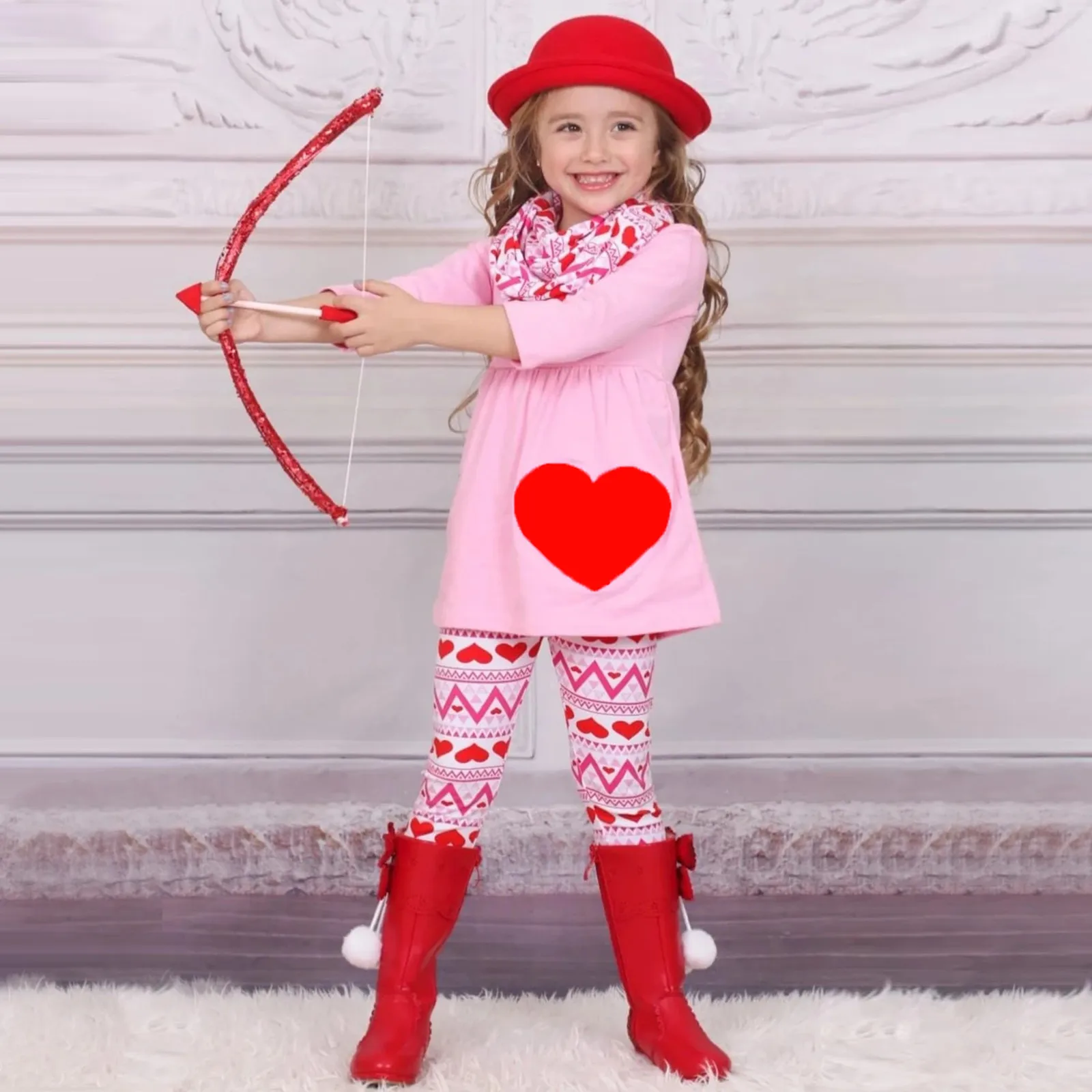 

Girl Baby Valentine Clothes Sets Toddler Kids Long Sleeve Valentine's Heart Print Dress+pants Set Outfit For Baby Girls Clothes