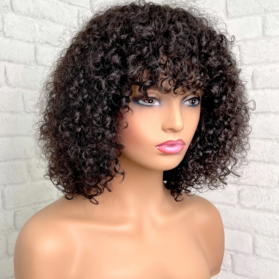 

Афро кудрявые вьющиеся парики бразильские волосы Remy полностью машинная работа парик с челкой 180% Короткие вьющиеся человеческие волосы пар...