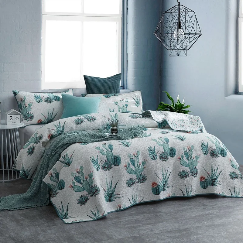 Хлопковое покрывало CHAUSUB комплект из 3 предметов с принтом кактуса наволочка