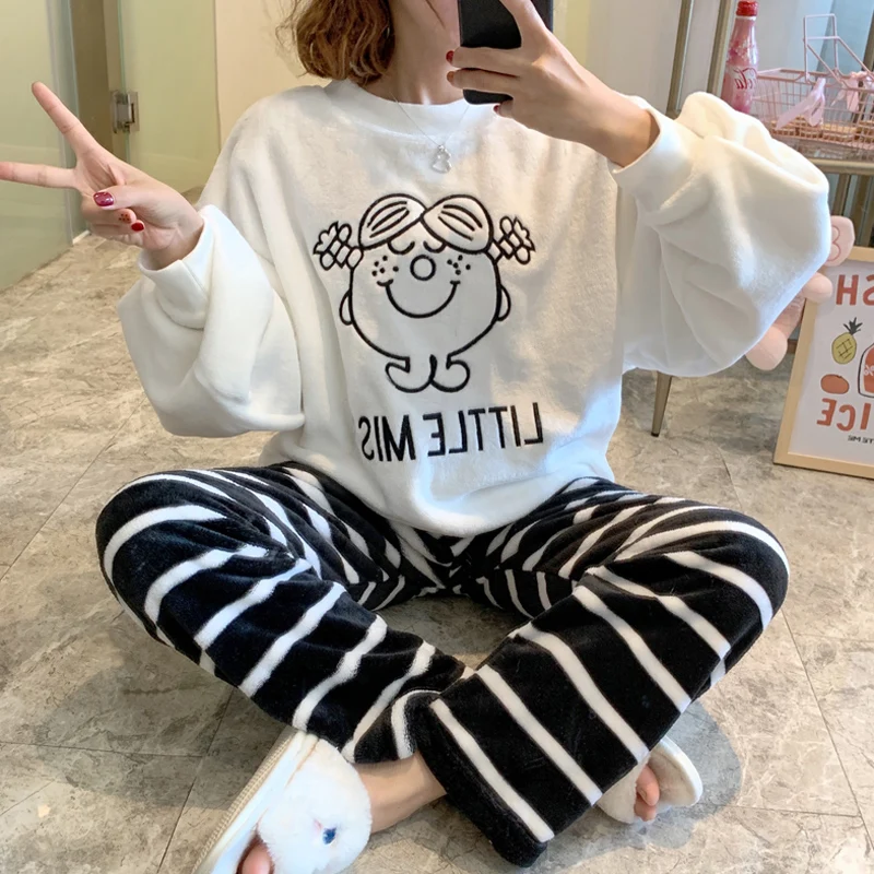 

Winter Warm Pijama For Women Flannel Kawaii Female Sleepwear Anime Cartoon Homewear Soft Pyjama Harajuku Stripe Style