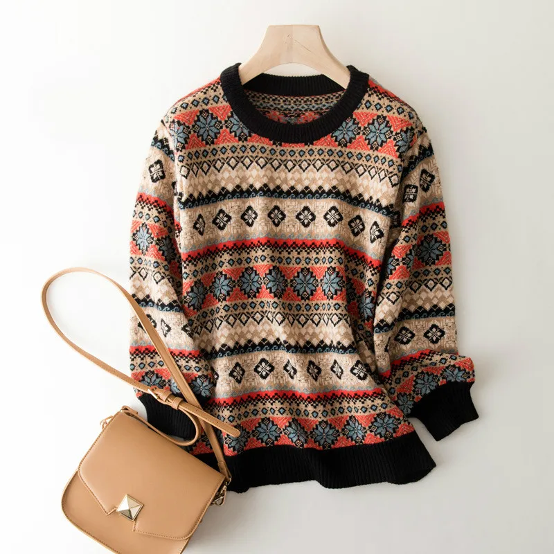 

Style for Autumn and Winter Women's round Neck Jacquard Vintage Geometric Sweater Loose Knit Low Waist Jersey Sweater