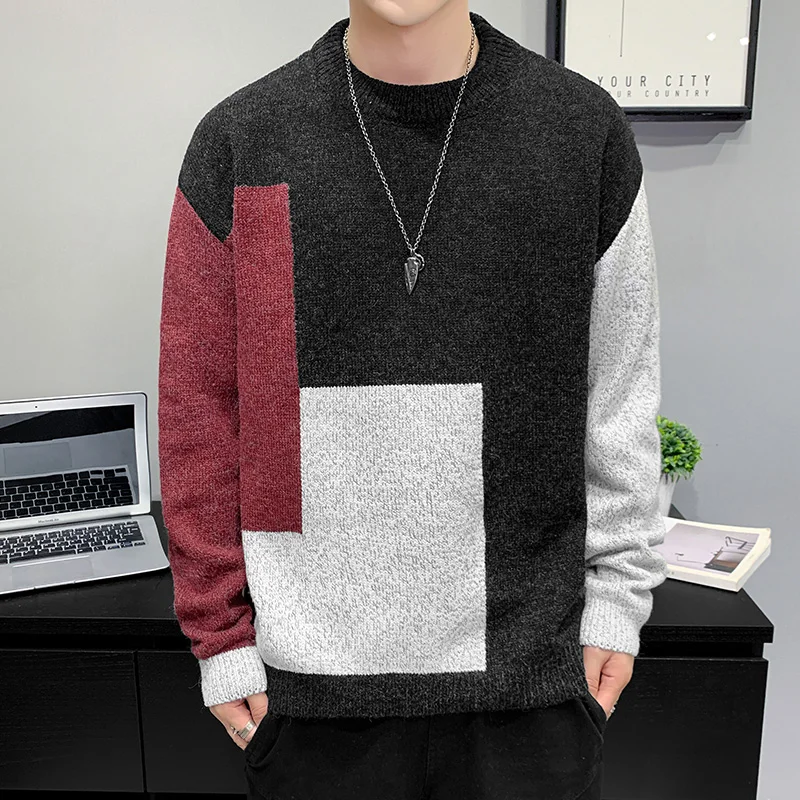 

Mens Crew Neck Sweater Men 2020 Winter Casual Oversized Korean Fashion Patchwork Streetwear Pullovers Loose Sweaters For Men