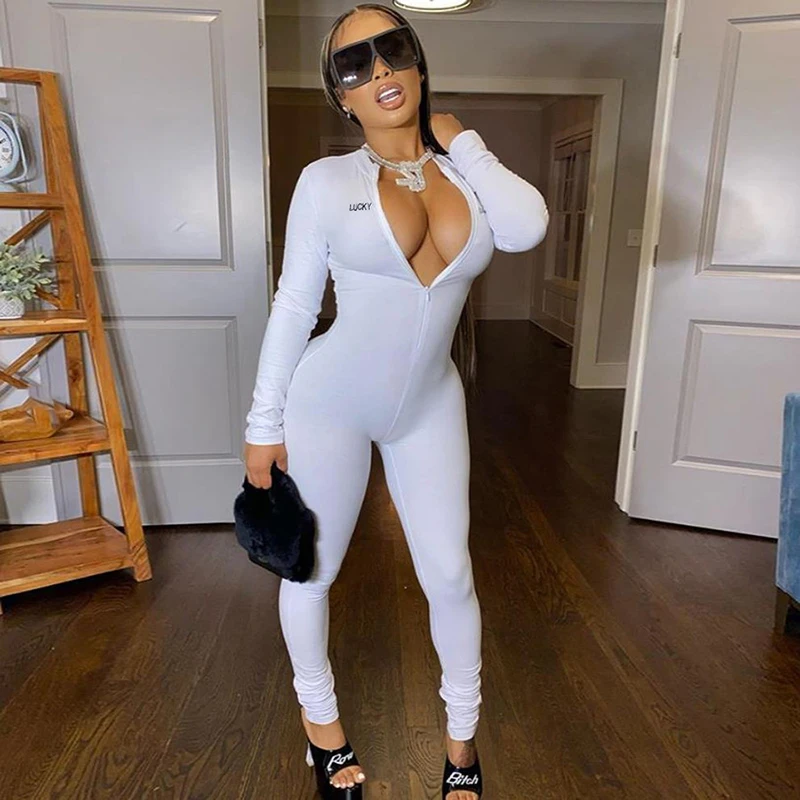 

NOVAINSPO Embroidery Solid Zipper Long Sleeve Bodycon Jumpsuit Fashion Casual Spring Fitness Basic Sporty Outfits One Piece Slim