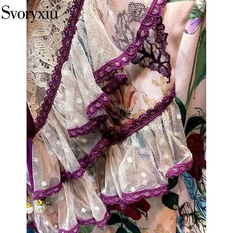 Svoryxiu High End Винтаж Платье с цветочным принтом Для женщин Flare SleeveTiered кружевным гофрированным воротником осень вечерние взлетно-посадочной полосы мини платье vestdios