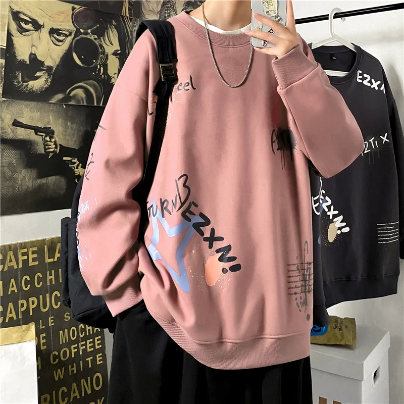 

SingleRoad Mens Crewneck Sweatshirt Men 2021 Graffiti Print Oversized Hip Hop Harajuku Japanese Streetwear Black Sweatshirts Men