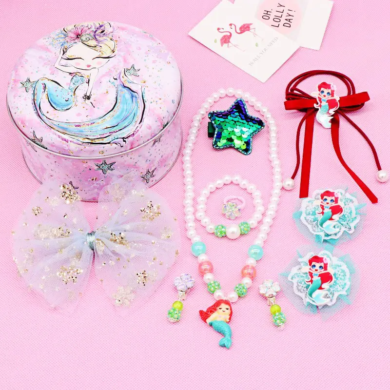 Mermaid Весь набор hello kitty/аксессуары в виде мишки для девочек, эластичные резинки для волос, заколки для волос, заколки, ожерелье, серьги, детский подарок на день рождения - Цвет: Mermaid