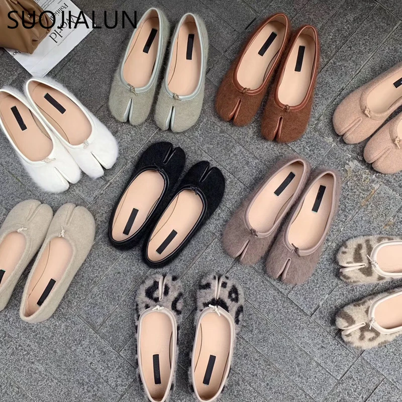SUOJIALUN Новинка Брендовая женская обувь на плоской подошве с разрезом модные
