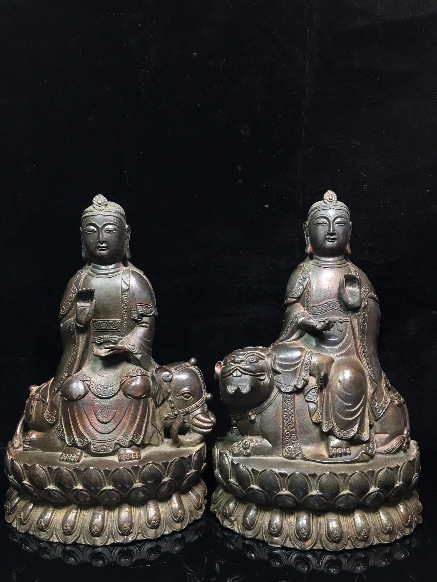 

12"Chinese temple collection Old Bronze Cinnabar Lacquer Northern Wei Manjushri Samantabhadra Bodhisattva Statue A pair Buddha